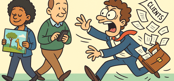 a man chasing after clients