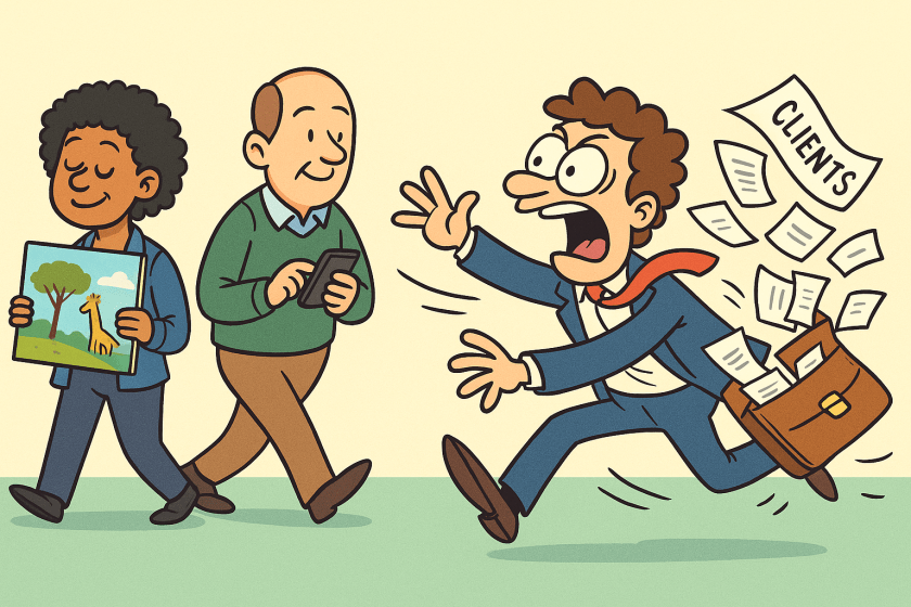 a man chasing after clients