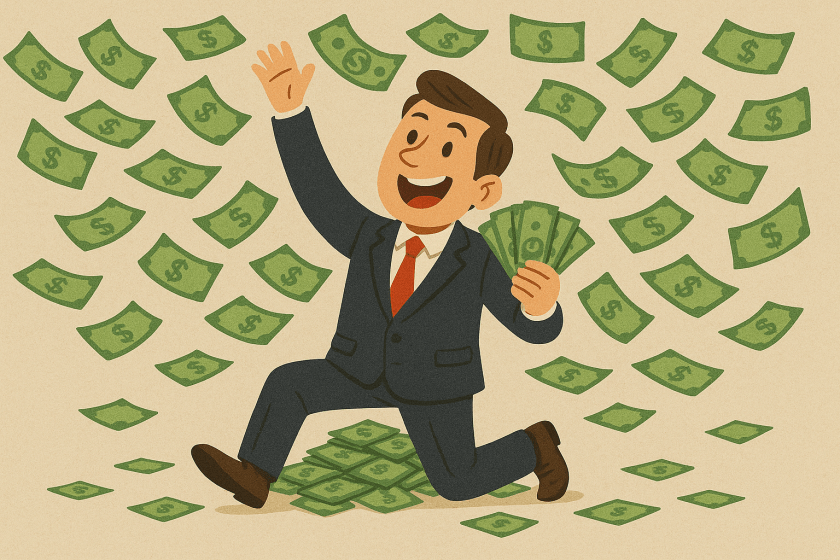 man throwing away all his money